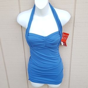 AERIN ROSE 6 D / DD Cup Blue Shirred Sheath Swimsuit
